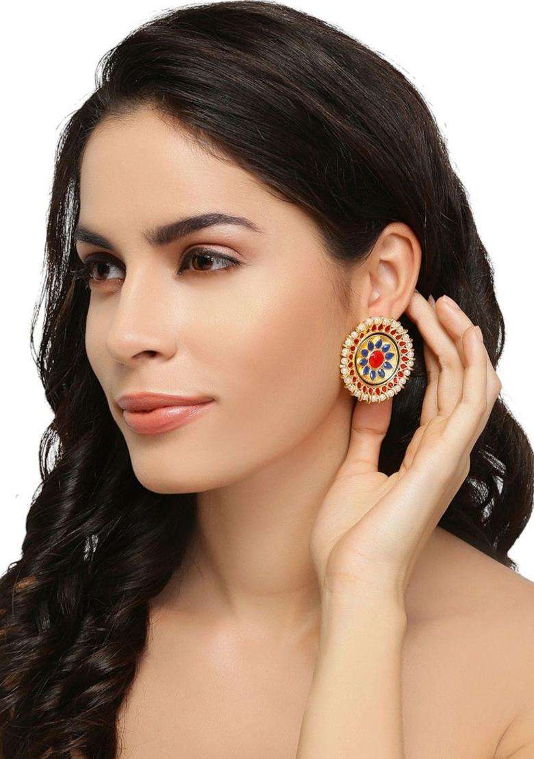 Gold-Plated Circular Studs Earrings with Kundan for Women | Traditional Temple Jewellery for Wedding & Festive Wear | Gift for Her - Indya