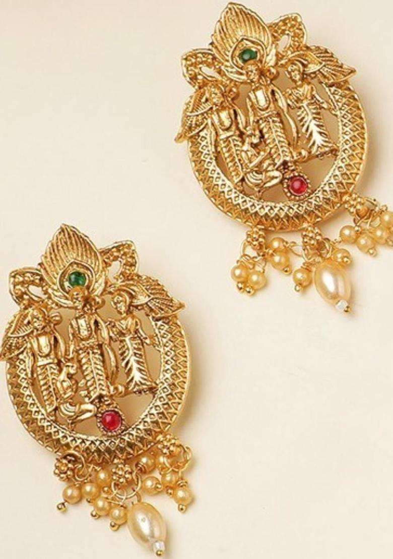 Gold-Plated Artificial Stones Studded & Beaded Temple Contemporary Drop Earrings for Women | Traditional Temple Jewellery for Wedding & Festive Wear | Gift for Her - Indya