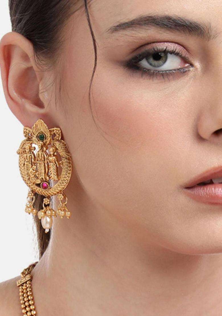 Gold-Plated Artificial Stones Studded & Beaded Temple Contemporary Drop Earrings for Women | Traditional Temple Jewellery for Wedding & Festive Wear | Gift for Her - Indya