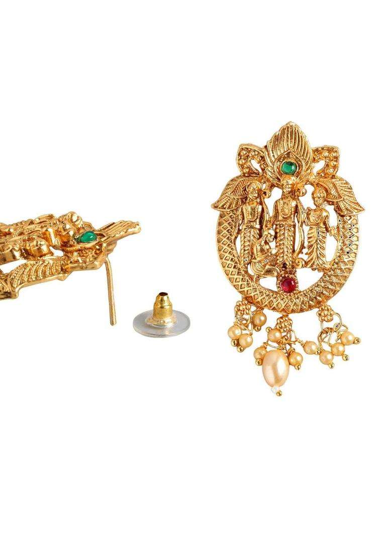 Gold-Plated Artificial Stones Studded & Beaded Temple Contemporary Drop Earrings for Women | Traditional Temple Jewellery for Wedding & Festive Wear | Gift for Her - Indya