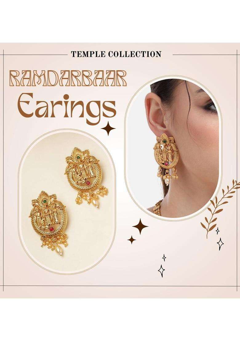 Gold-Plated Artificial Stones Studded & Beaded Temple Contemporary Drop Earrings for Women | Traditional Temple Jewellery for Wedding & Festive Wear | Gift for Her - Indya