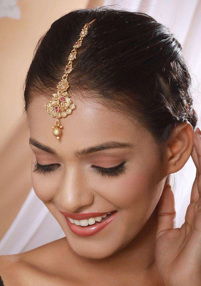 Gold-Plated Stone-Studded & Beaded Maang Tikka for Women | Traditional Temple Jewellery for Wedding & Festive Wear | Gift for Her - Indya