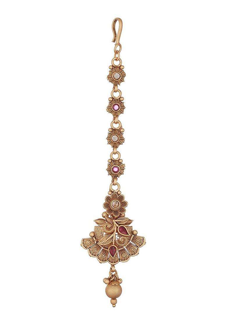 Gold-Plated Stone-Studded & Beaded Maang Tikka for Women | Traditional Temple Jewellery for Wedding & Festive Wear | Gift for Her - Indya