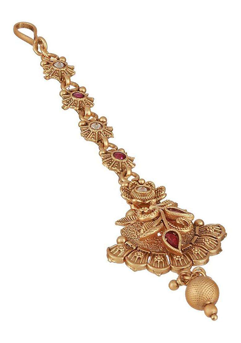 Gold-Plated Stone-Studded & Beaded Maang Tikka for Women | Traditional Temple Jewellery for Wedding & Festive Wear | Gift for Her - Indya