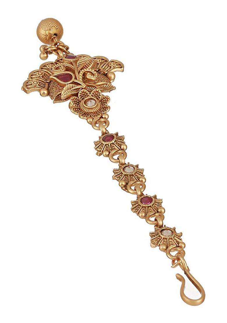 Gold-Plated Stone-Studded & Beaded Maang Tikka for Women | Traditional Temple Jewellery for Wedding & Festive Wear | Gift for Her - Indya