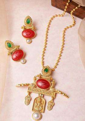 Gold-Plated Copper Artificial Stones & Beads Jewellery Set for Women | Traditional Temple Jewellery for Wedding & Festive Wear | Gift for Her