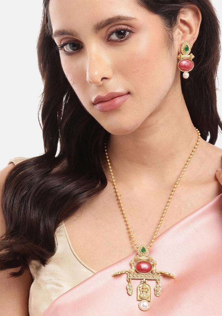 Gold-Plated Copper Artificial Stones & Beads Jewellery Set for Women | Traditional Temple Jewellery for Wedding & Festive Wear | Gift for Her - Indya