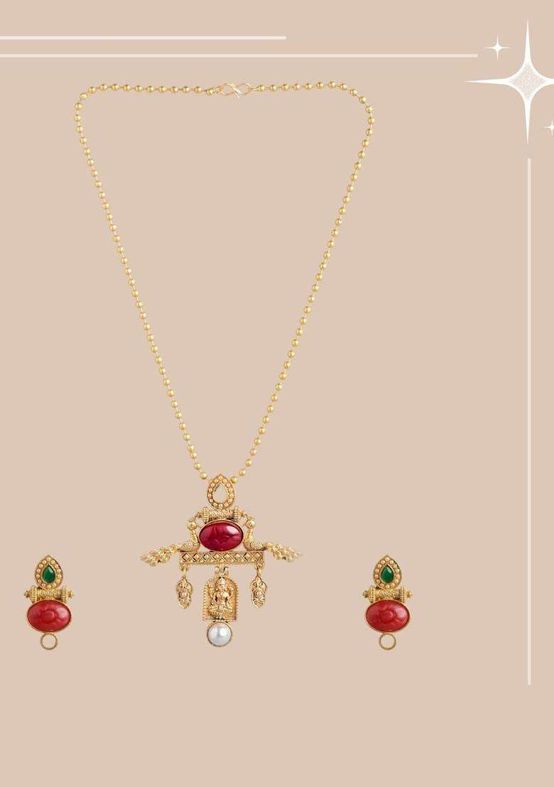 Gold-Plated Copper Artificial Stones & Beads Jewellery Set for Women | Traditional Temple Jewellery for Wedding & Festive Wear | Gift for Her - Indya