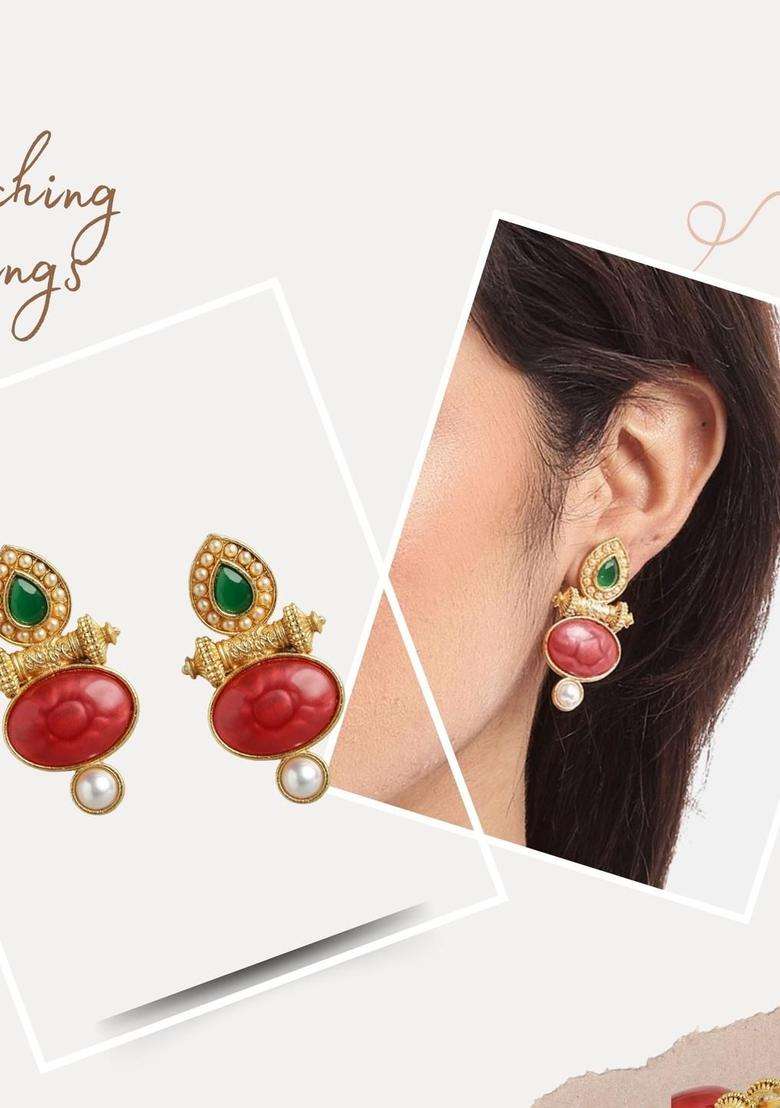 Gold-Plated Copper Artificial Stones & Beads Jewellery Set for Women | Traditional Temple Jewellery for Wedding & Festive Wear | Gift for Her - Indya