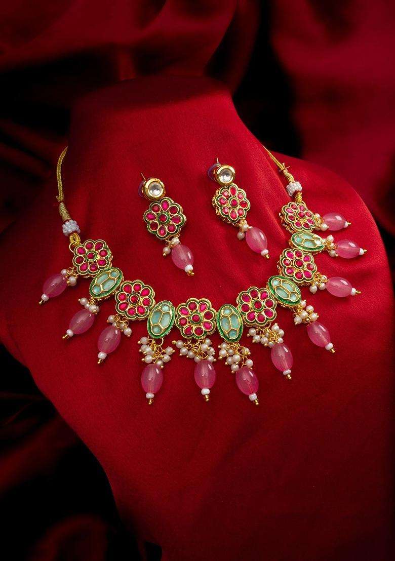 Gold-Plated Kundan-Studded &BeadedJewellerySet for Women | Traditional Temple Jewellery for Wedding & Festive Wear | Gift for Her - Indya