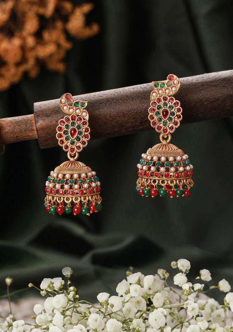 Gold-Plated Peacock Shaped Jhumkas Earrings for Women | Traditional Temple Jewellery for Wedding & Festive Wear | Gift for Her - Indya