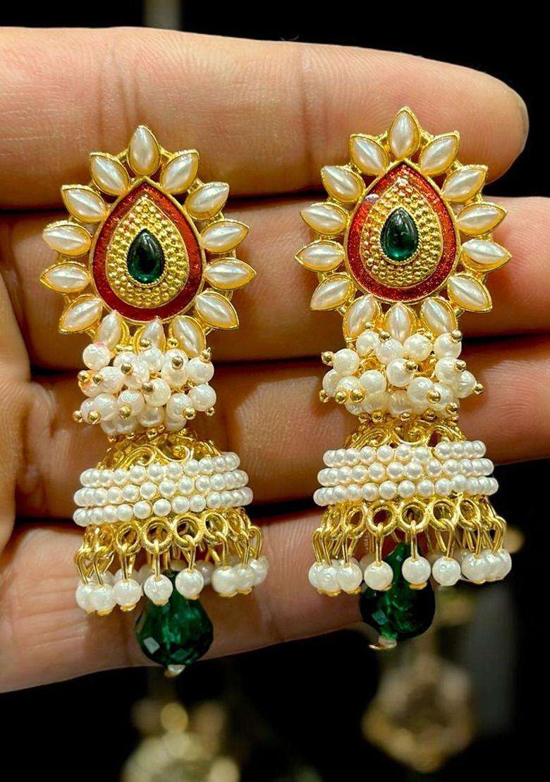 Gold-Plated Artificial Beaded Floral Jhumkas Earrings for Women | Traditional Temple Jewellery for Wedding & Festive Wear | Gift for Her - Indya