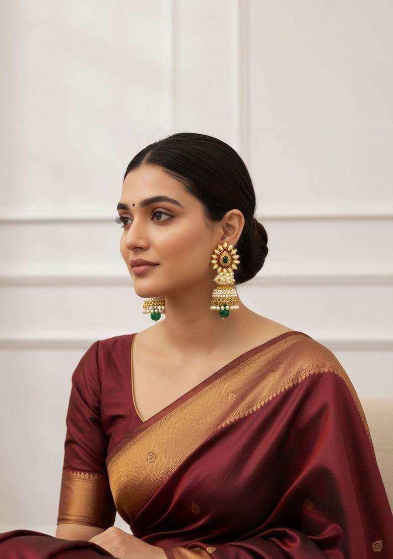 Gold-Plated Artificial Beaded Floral Jhumkas Earrings for Women | Traditional Temple Jewellery for Wedding & Festive Wear | Gift for Her - Indya
