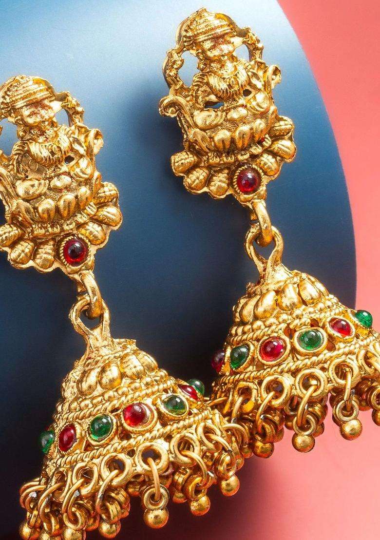 Gold-Plated Geometric Jhumkas Earrings for Women | Traditional Temple Jewellery for Wedding & Festive Wear | Gift for Her - Indya