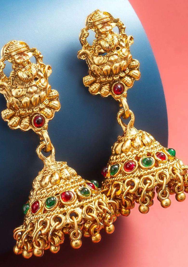 Gold-Plated Geometric Jhumkas Earrings for Women | Traditional Temple Jewellery for Wedding & Festive Wear | Gift for Her - Indya