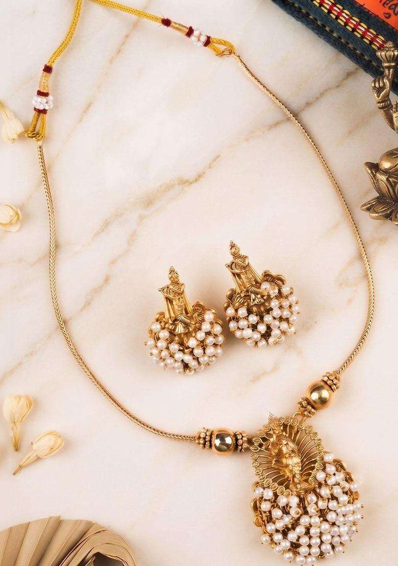 Gold-Plated Temple Stone Studded & Beaded Pendant and Earrings for Women | Traditional Temple Jewellery for Wedding & Festive Wear | Gift for Her - Indya