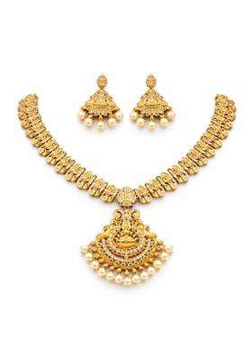 Gold-Plated Temple Cubic Zirconia Necklace and Earrings for Women | Traditional Temple Jewellery for Wedding & Festive Wear | Gift for Her