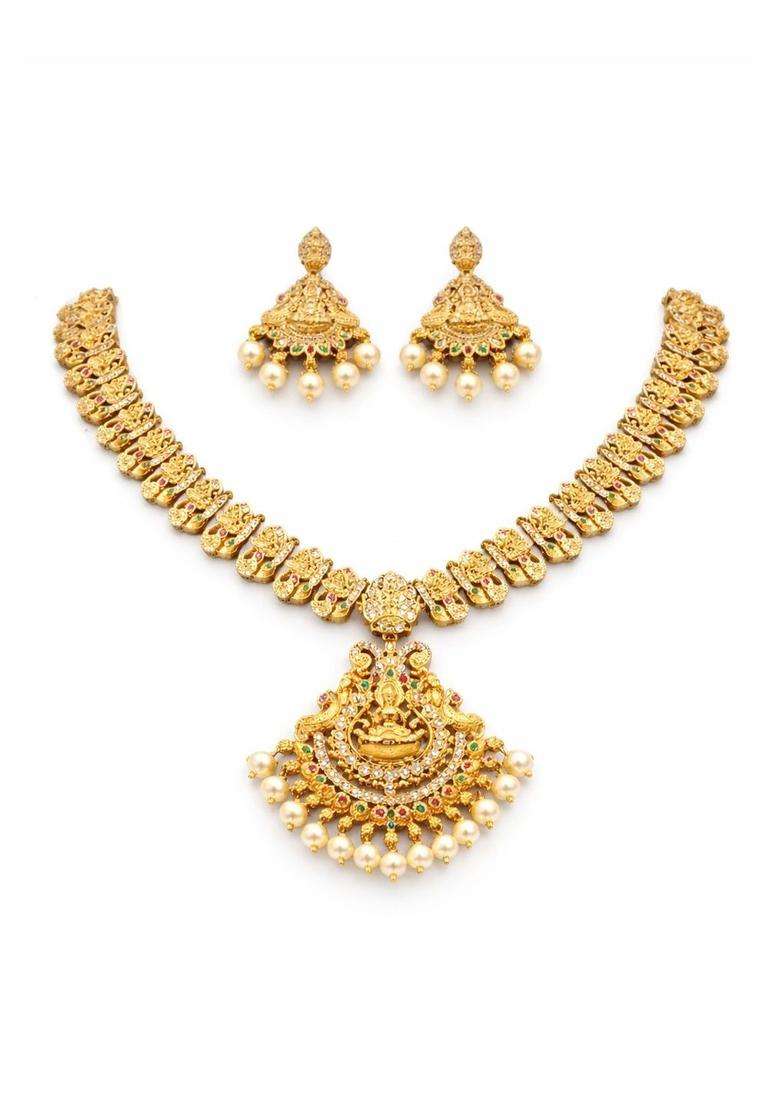 Gold-Plated Temple Cubic Zirconia Necklace and Earrings for Women | Traditional Temple Jewellery for Wedding & Festive Wear | Gift for Her - Indya