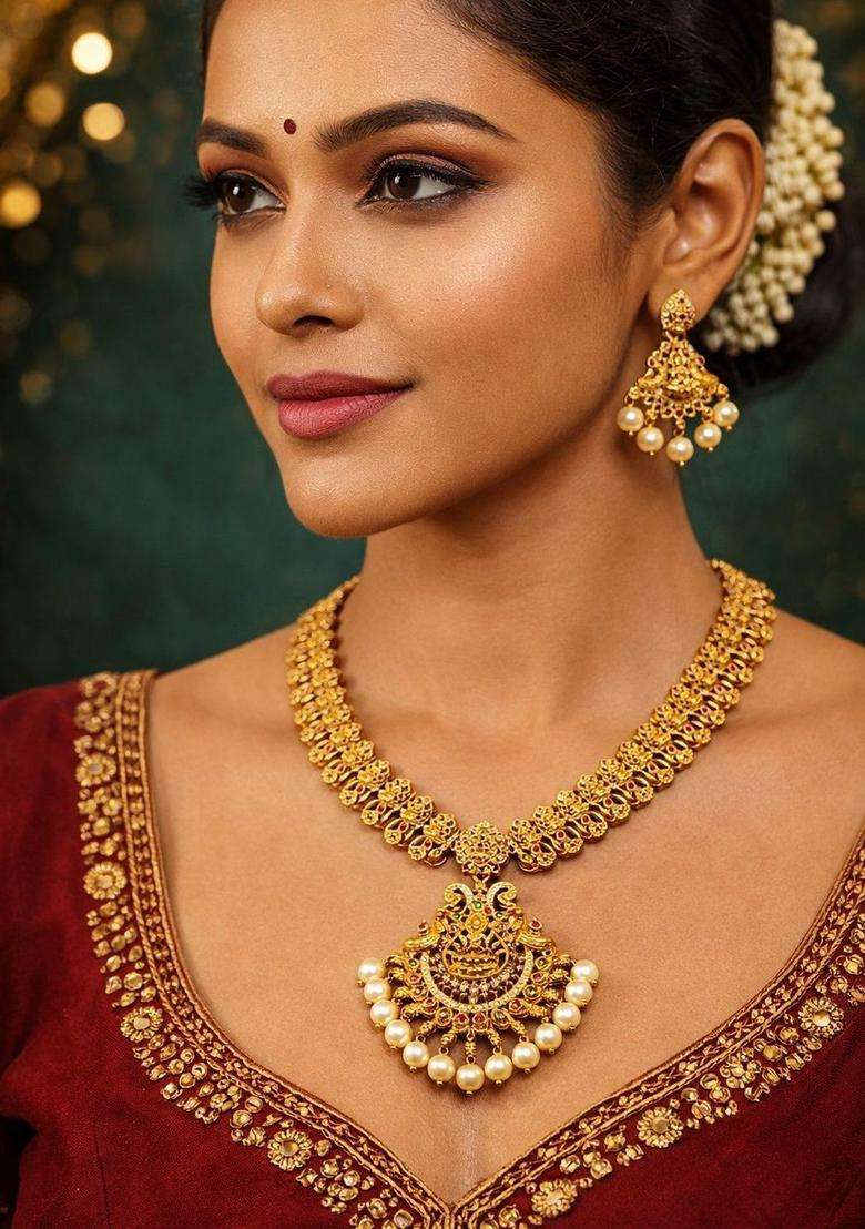 Gold-Plated Temple Cubic Zirconia Necklace and Earrings for Women | Traditional Temple Jewellery for Wedding & Festive Wear | Gift for Her - Indya