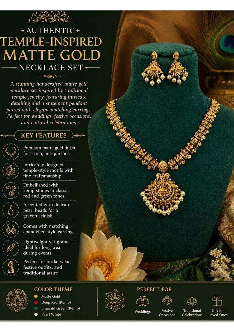 Gold-Plated Temple Cubic Zirconia Necklace and Earrings for Women | Traditional Temple Jewellery for Wedding & Festive Wear | Gift for Her - Indya