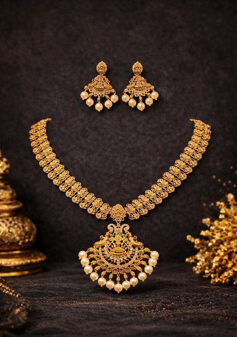 Gold-Plated Temple Cubic Zirconia Necklace and Earrings for Women | Traditional Temple Jewellery for Wedding & Festive Wear | Gift for Her - Indya