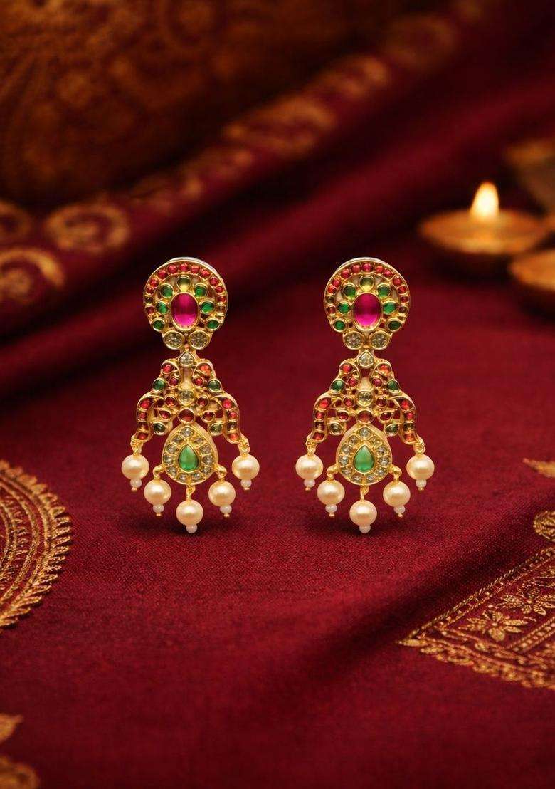 Gold-Plated Geometric Drop Earrings with CZ Stone for Women | Traditional Temple Jewellery for Wedding & Festive Wear | Gift for Her - Indya