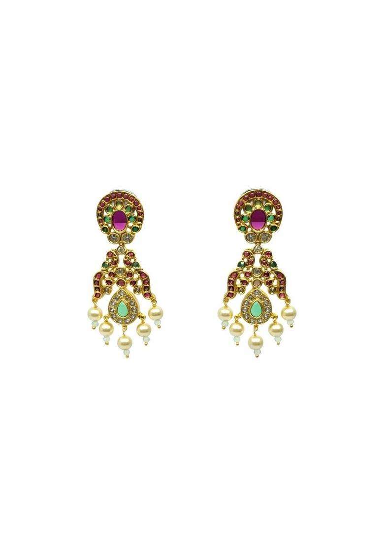 Gold-Plated Geometric Drop Earrings with CZ Stone for Women | Traditional Temple Jewellery for Wedding & Festive Wear | Gift for Her - Indya