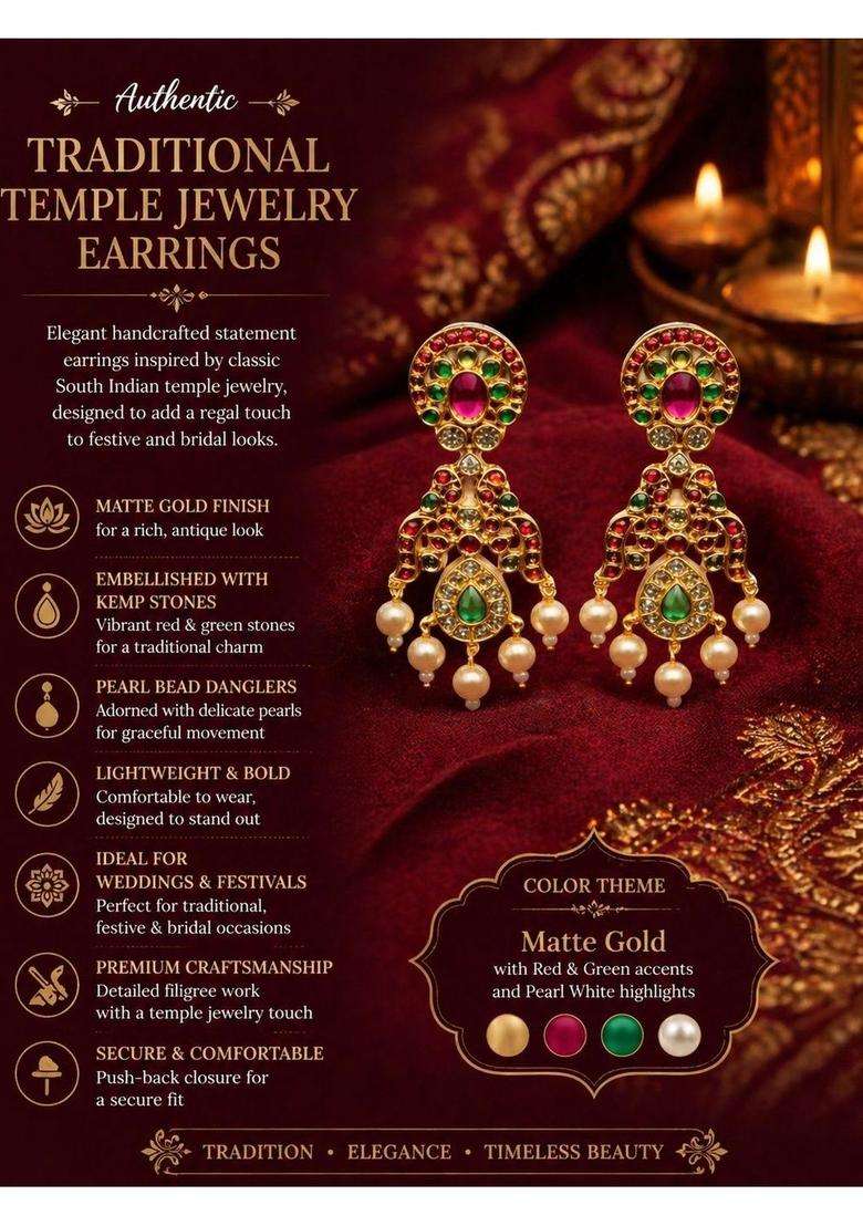 Gold-Plated Geometric Drop Earrings with CZ Stone for Women | Traditional Temple Jewellery for Wedding & Festive Wear | Gift for Her - Indya