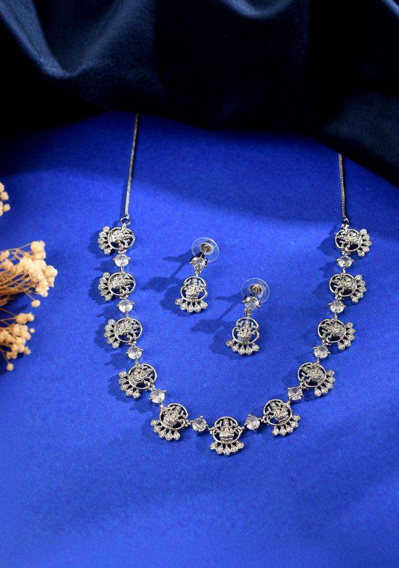Stainless Steel Silver-Plated American Diamond Studded Temple Necklace and Earrings for Women | Traditional Temple Jewellery for Wedding & Festive Wear | Gift for Her - Indya