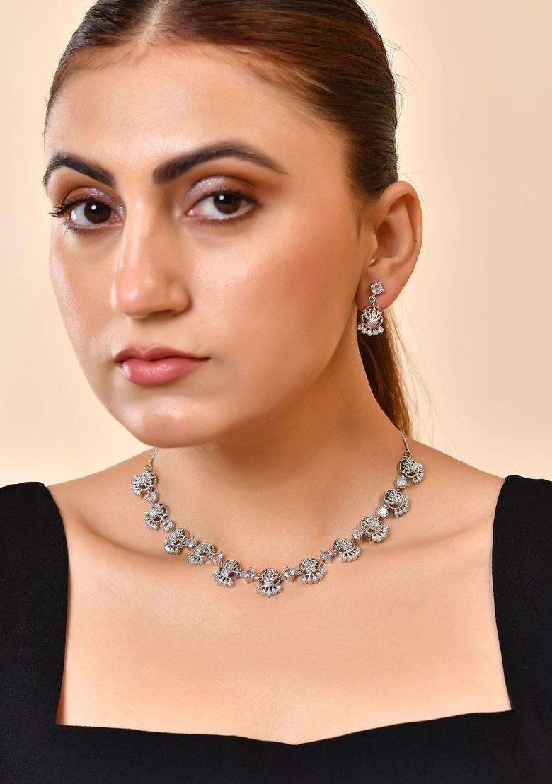 Stainless Steel Silver-Plated American Diamond Studded Temple Necklace and Earrings for Women | Traditional Temple Jewellery for Wedding & Festive Wear | Gift for Her - Indya