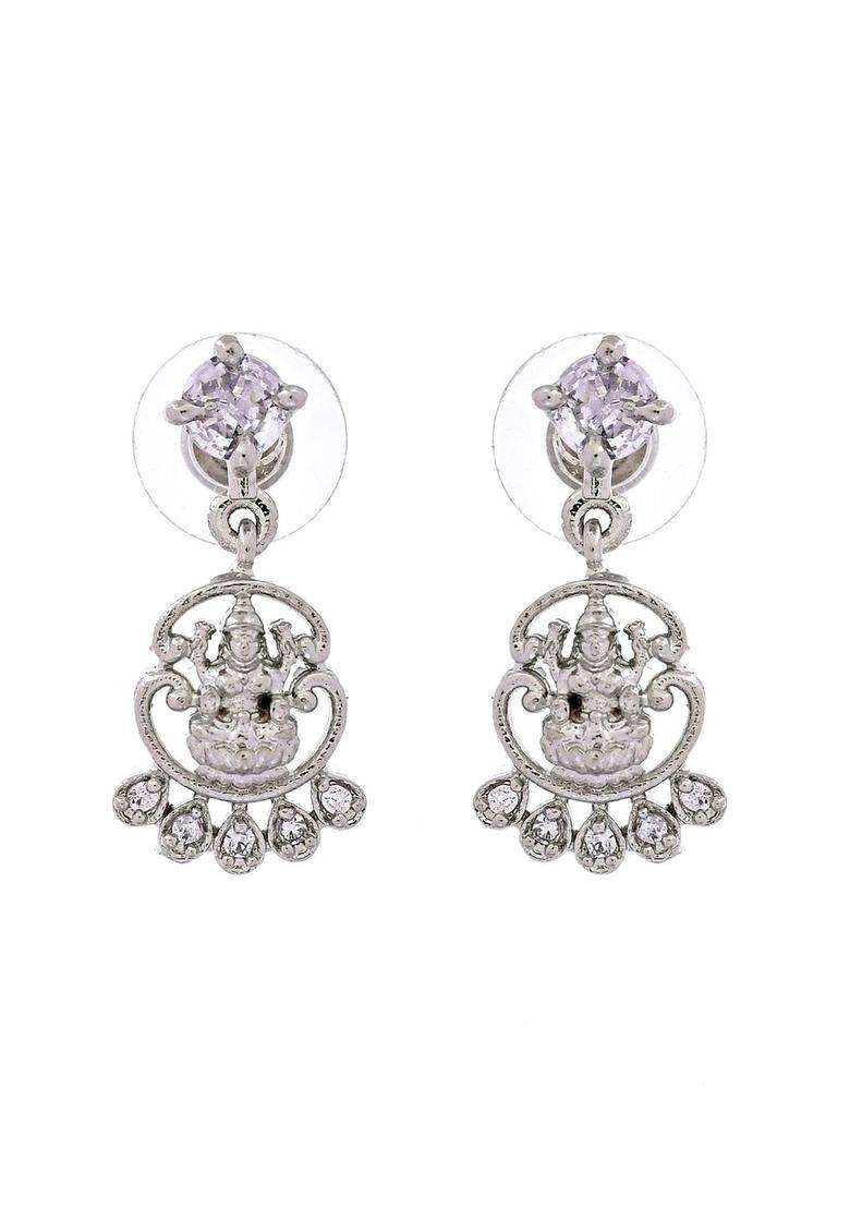 Stainless Steel Silver-Plated American Diamond Studded Temple Necklace and Earrings for Women | Traditional Temple Jewellery for Wedding & Festive Wear | Gift for Her - Indya