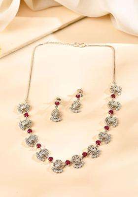 Stainless Steel Silver-Plated American Diamond Studded Temple Necklace and Earrings for Women | Traditional Temple Jewellery for Wedding & Festive Wear | Gift for Her