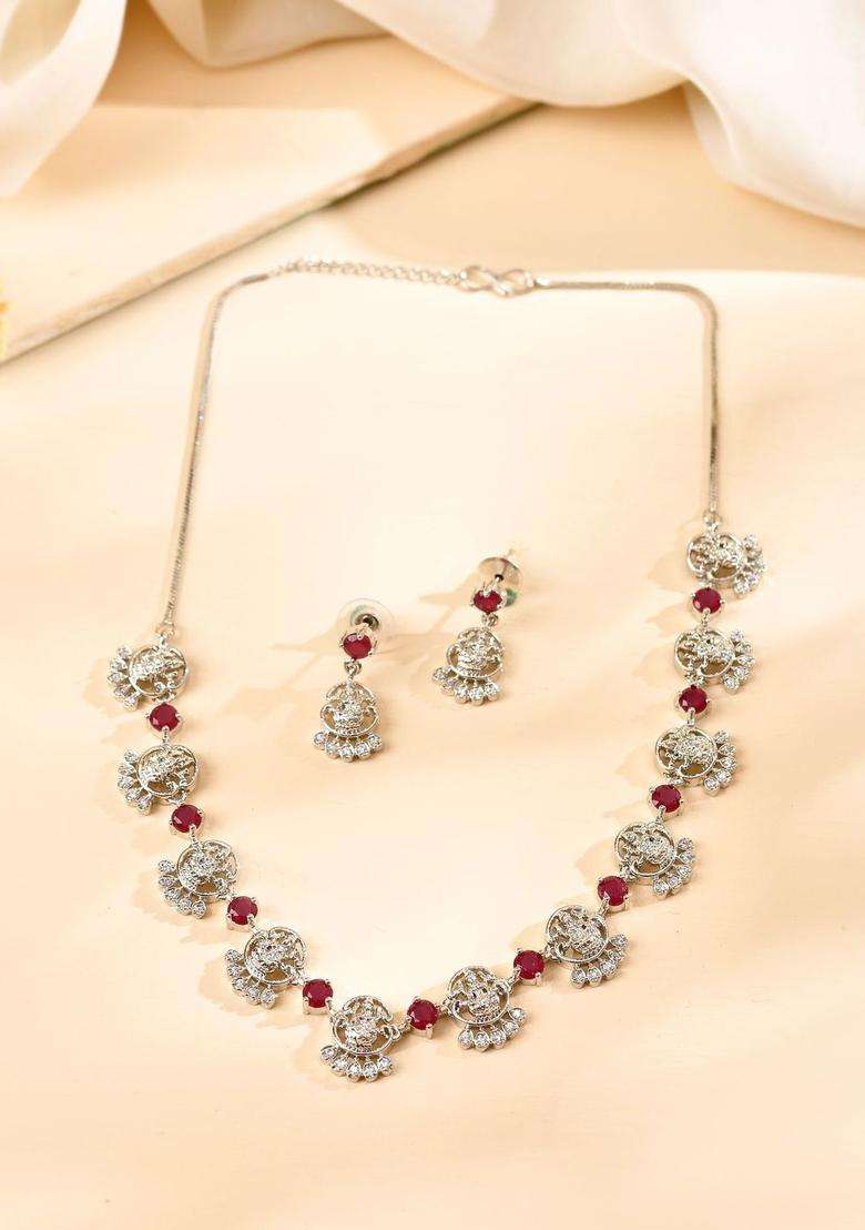 Stainless Steel Silver-Plated American Diamond Studded Temple Necklace and Earrings for Women | Traditional Temple Jewellery for Wedding & Festive Wear | Gift for Her - Indya