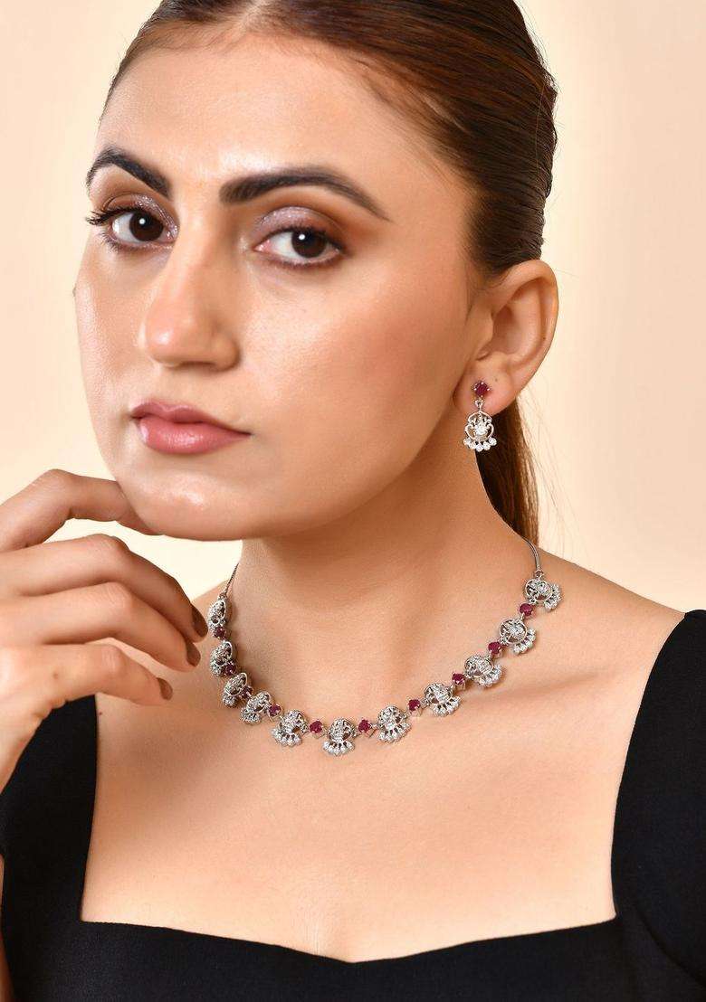 Stainless Steel Silver-Plated American Diamond Studded Temple Necklace and Earrings for Women | Traditional Temple Jewellery for Wedding & Festive Wear | Gift for Her - Indya