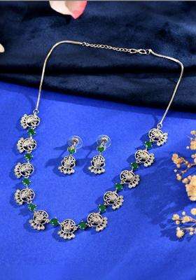 Stainless Steel Silver-Plated American Diamond Studded Temple Necklace and Earrings for Women | Traditional Temple Jewellery for Wedding & Festive Wear | Gift for Her