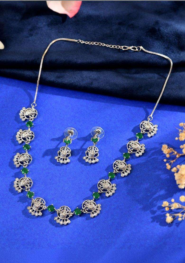 Stainless Steel Silver-Plated American Diamond Studded Temple Necklace and Earrings for Women | Traditional Temple Jewellery for Wedding & Festive Wear | Gift for Her - Indya