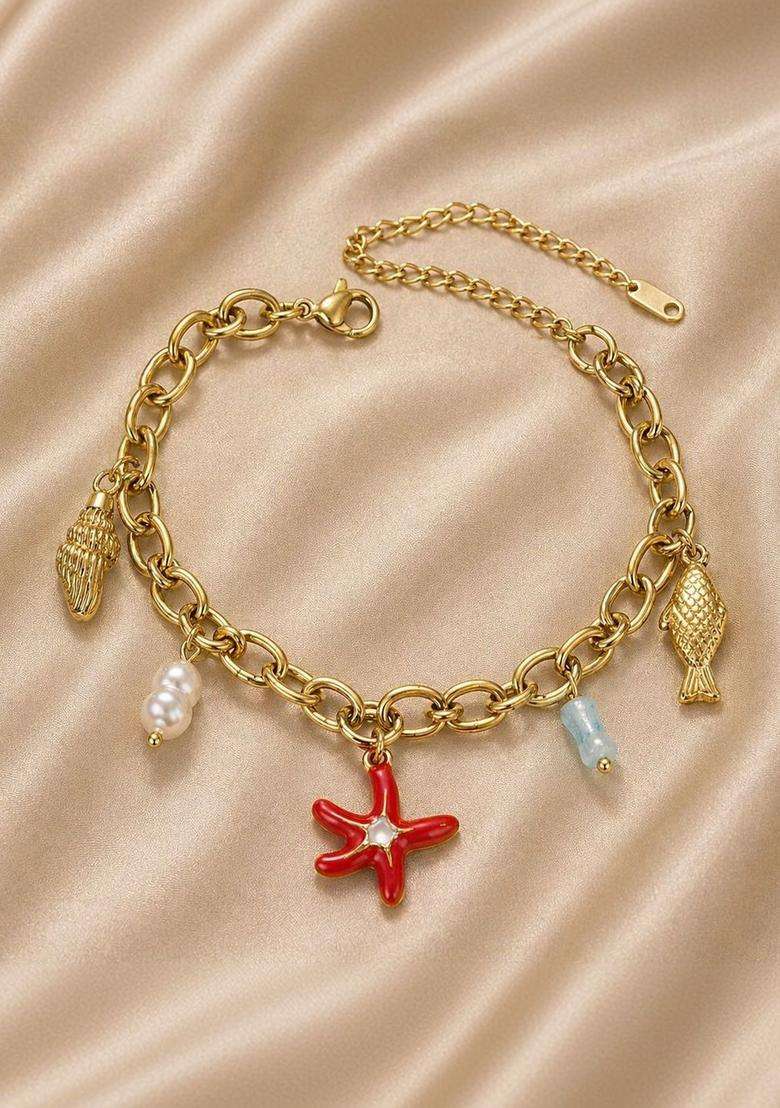 American Diamond Temple Gold-Plated Charm Bracelet for Women | Stylish Party & Everyday Wear | Gift for Her - Indya