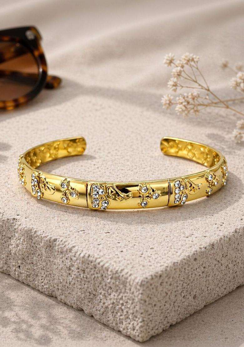American Diamond Temple Gold-Plated Cuff Bracelet for Women | Fusion Party & Festive Wear | Gift for Her - Indya