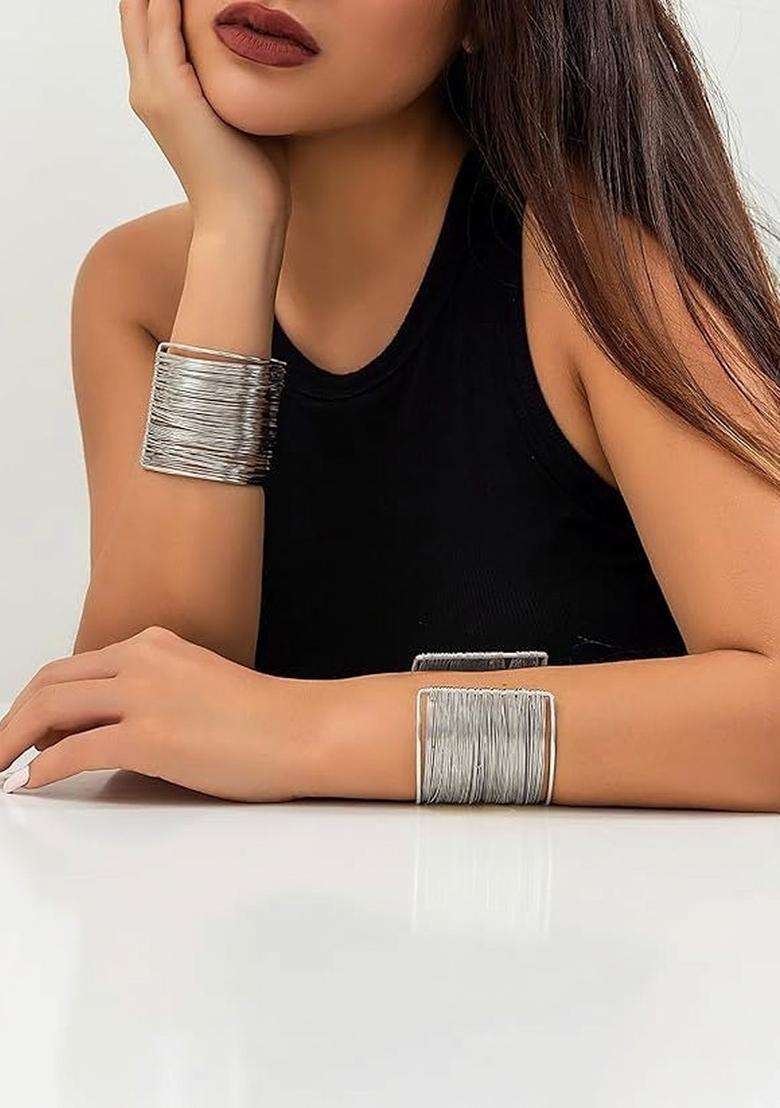 2 Temple Silver-Plated Cuff Bracelet for Women | Stylish Party & Everyday Wear | Gift for Her - Indya