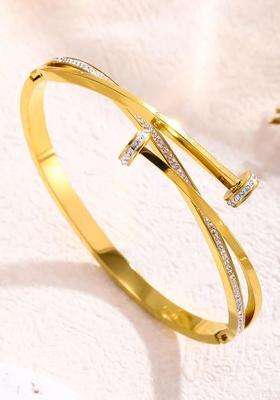 Stainless Steel Gold-Plated American Diamond Temple Cuff Bracelet for Women | Stylish Party & Everyday Wear | Gift for Her