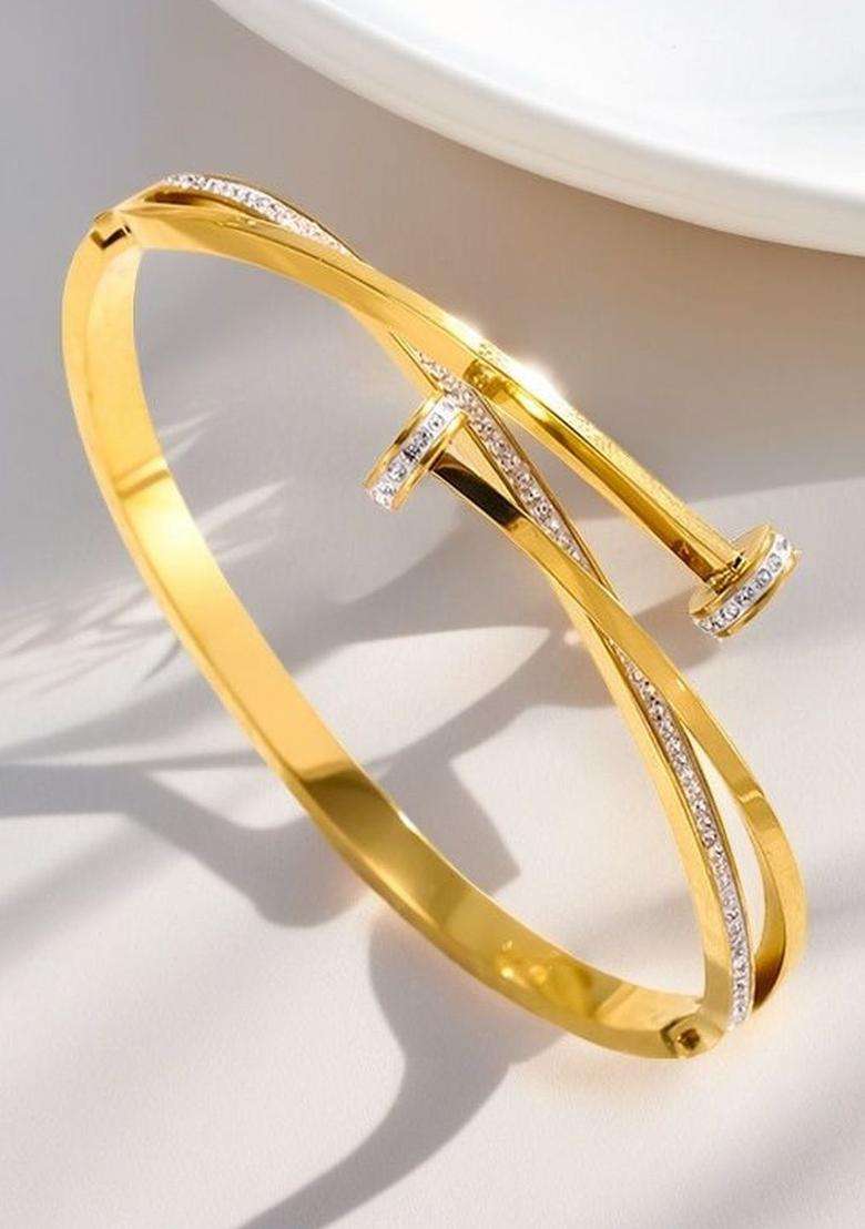 Stainless Steel Gold-Plated American Diamond Temple Cuff Bracelet for Women | Stylish Party & Everyday Wear | Gift for Her - Indya
