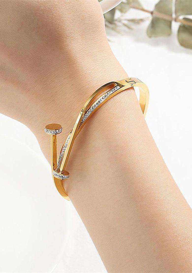 Stainless Steel Gold-Plated American Diamond Temple Cuff Bracelet for Women | Stylish Party & Everyday Wear | Gift for Her - Indya