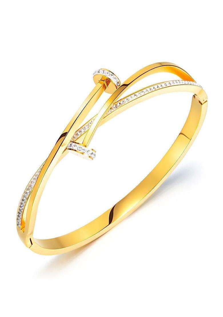 Stainless Steel Gold-Plated American Diamond Temple Cuff Bracelet for Women | Stylish Party & Everyday Wear | Gift for Her - Indya