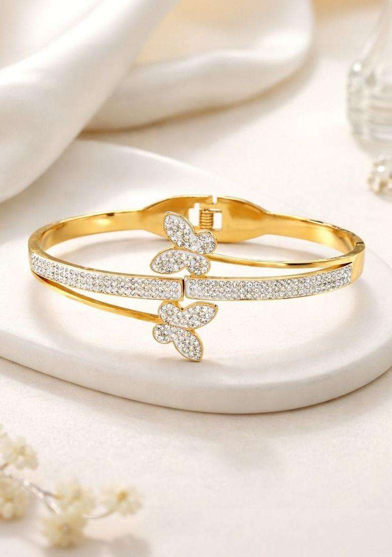 Stainless Steel Gold-Plated American Diamond Temple Bangle-Style Bracelet for Women | Stylish Party & Everyday Wear | Gift for Her - Indya