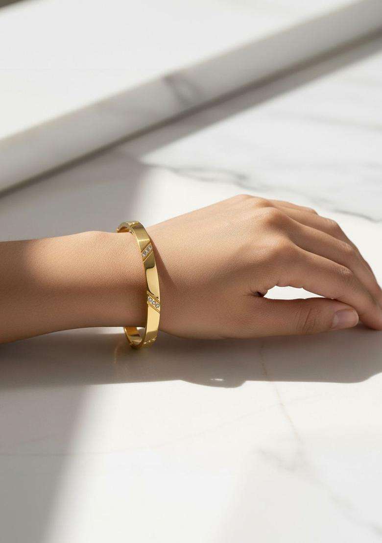 Stainless Steel Gold-Plated American Diamond Temple Bangle-Style Bracelet for Women | Stylish Party & Everyday Wear | Gift for Her - Indya