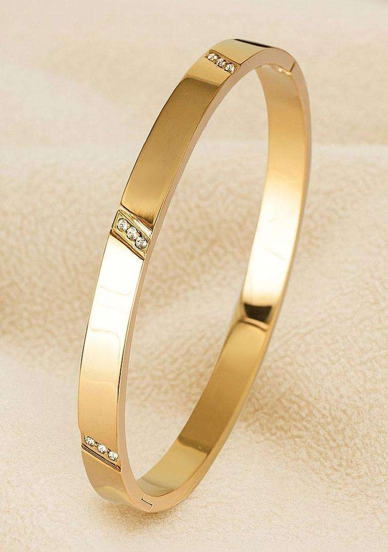 Stainless Steel Gold-Plated American Diamond Temple Bangle-Style Bracelet for Women | Stylish Party & Everyday Wear | Gift for Her - Indya