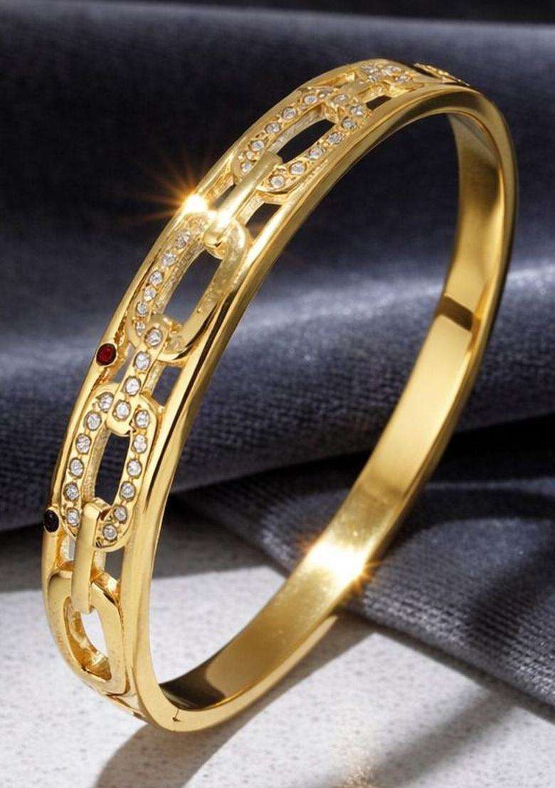 Stainless Steel Gold-Plated American Diamond Temple Bangle-Style Bracelet for Women | Stylish Party & Everyday Wear | Gift for Her - Indya