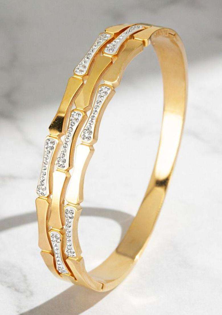 Stainless Steel Gold-Plated American Diamond Temple Bangle-Style Bracelet for Women | Stylish Party & Everyday Wear | Gift for Her - Indya