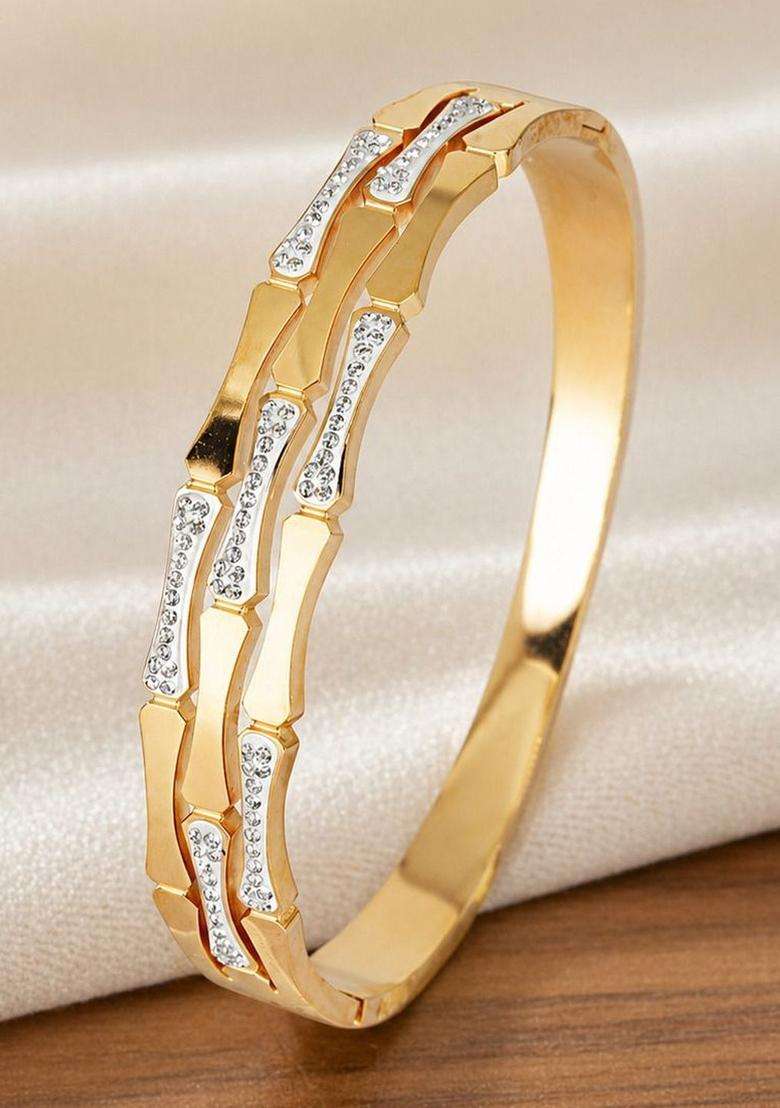 Stainless Steel Gold-Plated American Diamond Temple Bangle-Style Bracelet for Women | Stylish Party & Everyday Wear | Gift for Her - Indya