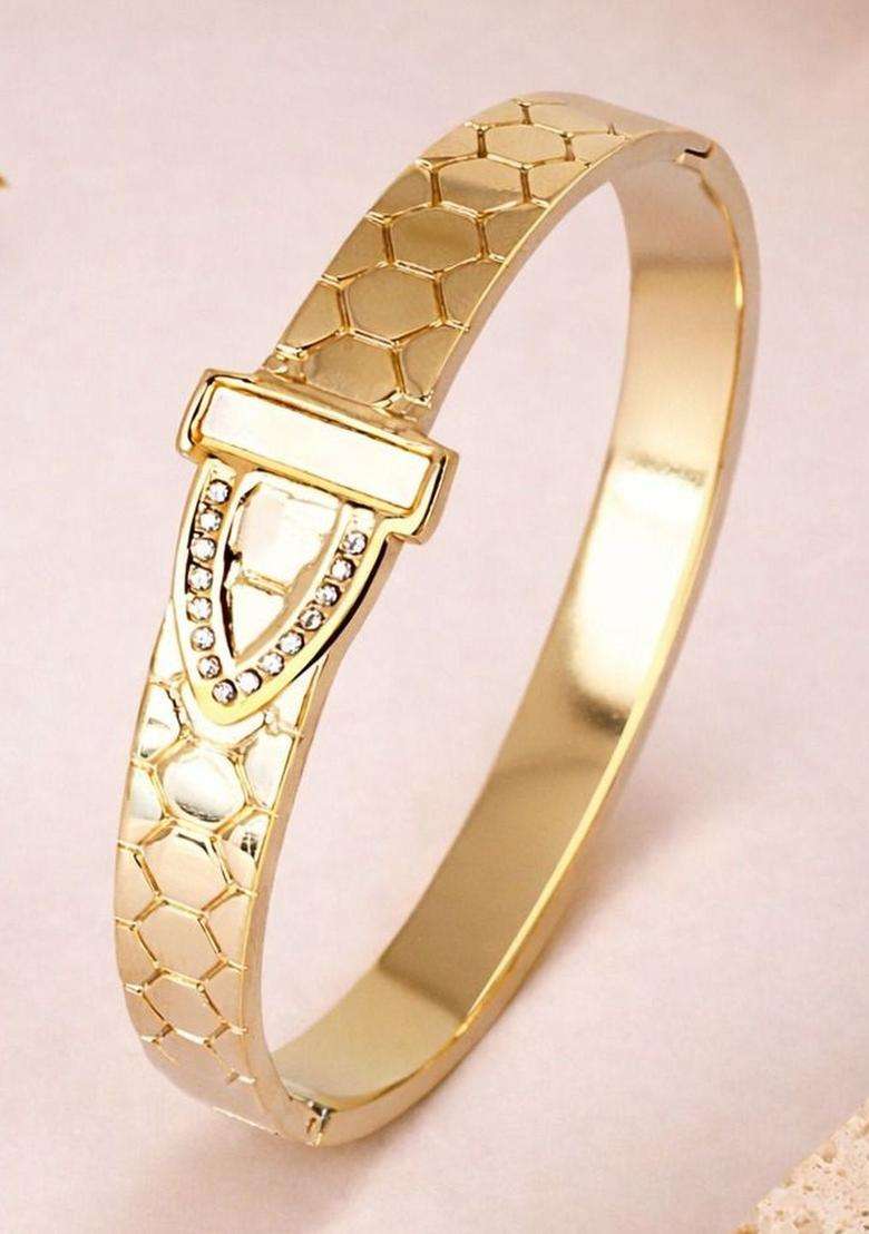 Stainless Steel Gold-Plated American Diamond Temple Bangle-Style Bracelet for Women | Stylish Party & Everyday Wear | Gift for Her - Indya